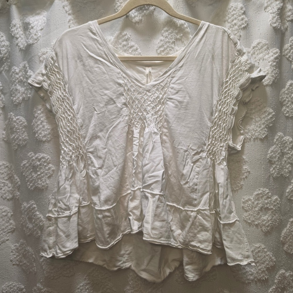 Anthropologie White Smocked Lattice V-Neck Peplum Top Cotton Blend Womens Large